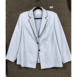 Le Suit Blazer Jacket Womens Sz 16W Blue Contrast Trim Notch Collar Two-Button
